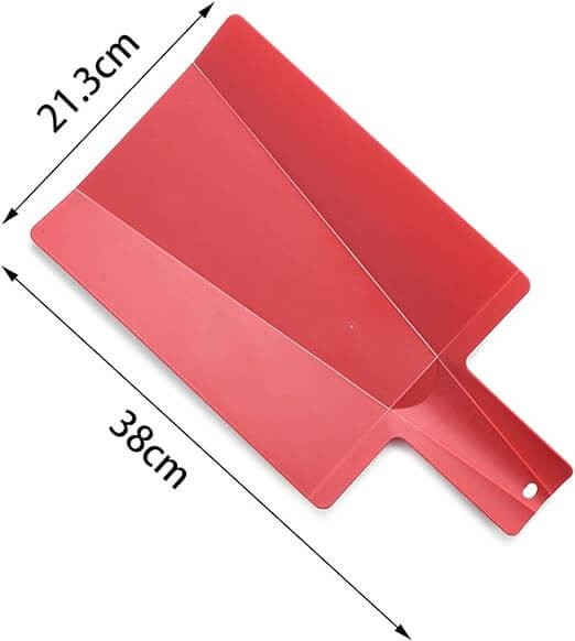 Red folding chopping board measuring 21.3cm by 38cm, perfect for cutting, washing, and draining in modern kitchens.